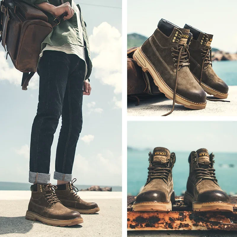 

Fashion Men Cow Leather Boots Street Cool High Top Casual Shoes Winter Warm Ankle Boots