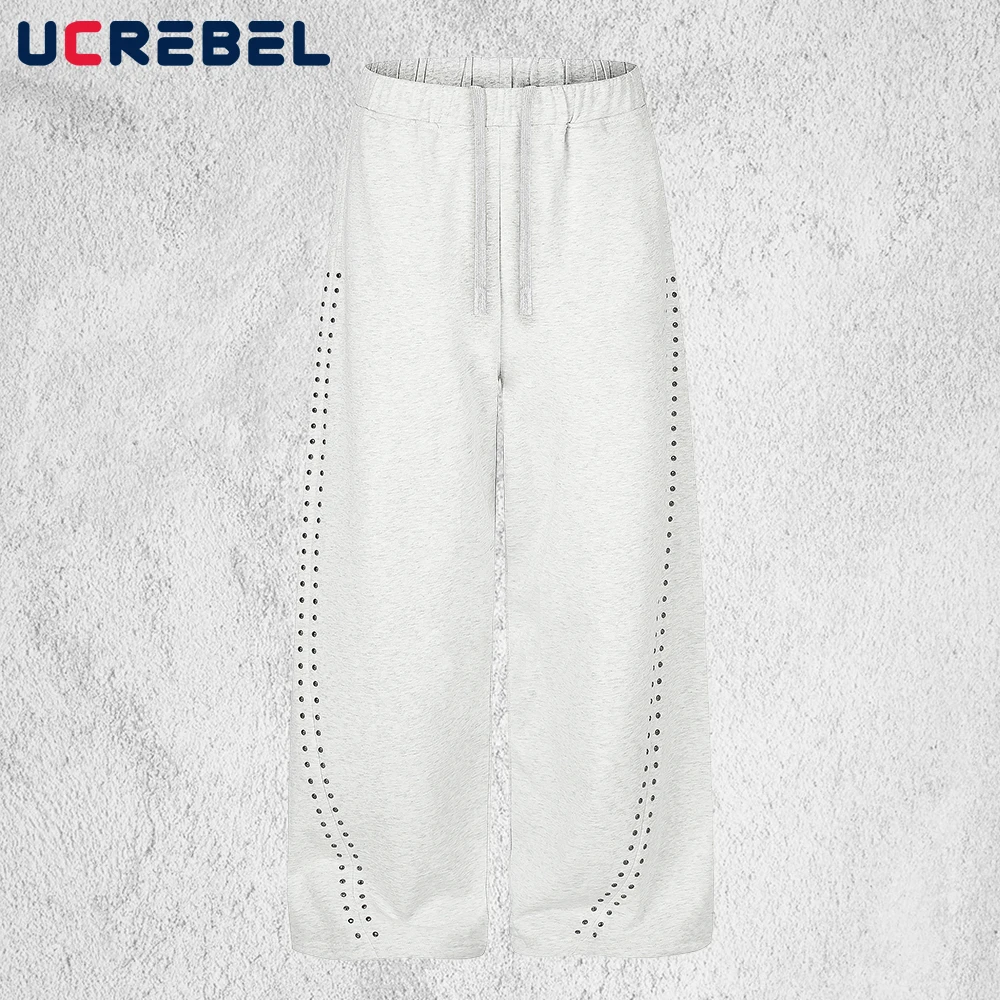 Retro Rivets Sweatpants Mens Casual Loose Elastic Waist Straight-leg Sports Trousers Man