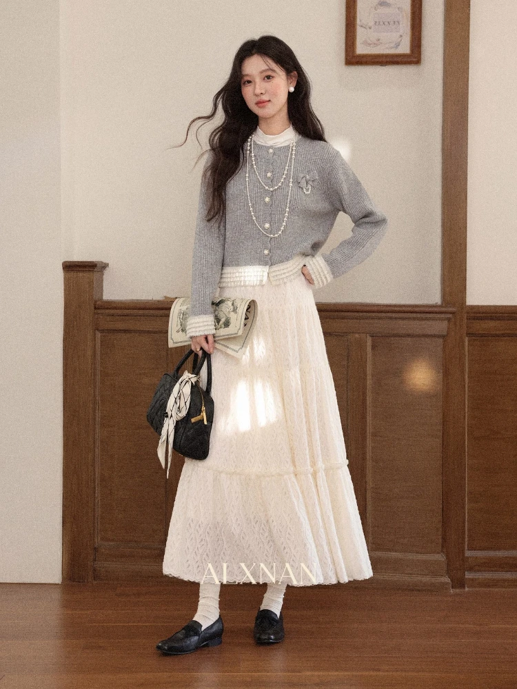 

ALXNAN Women's Knitted Cardigan 2025 Autumn New Color-blocking Patchwork Long Sleeve Casual Female Elegance Versatile Top L57830