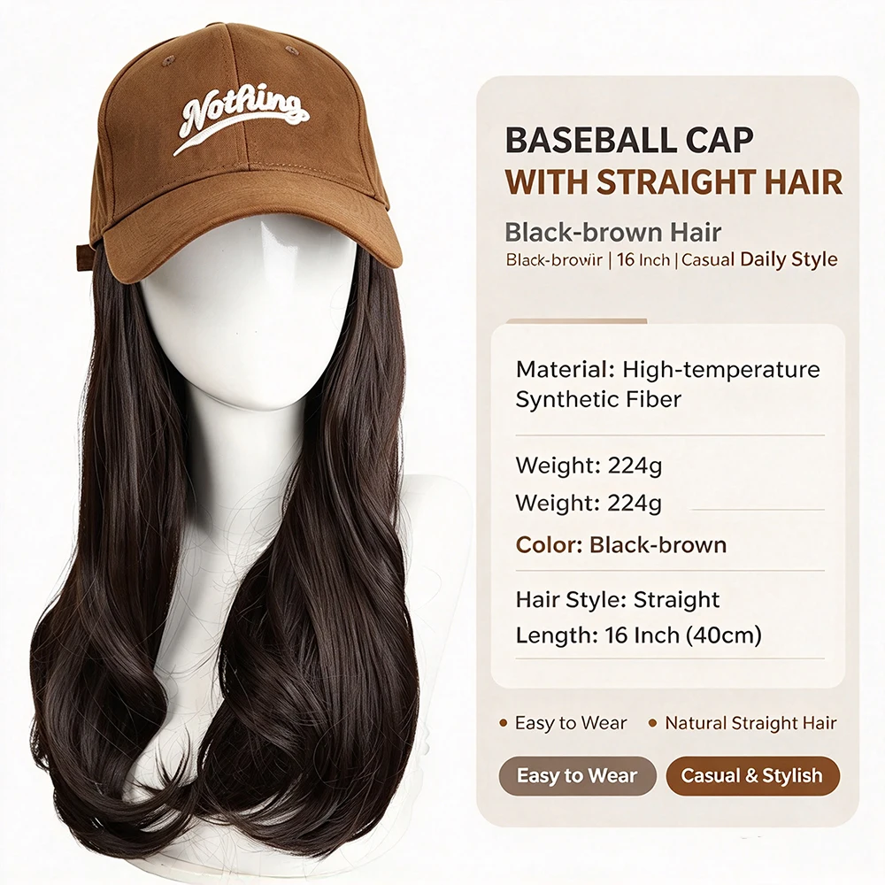 Synthetic Wavy Hat Wig Hair Extensions Hairpiece Brown Baseball Cap with Long Wavy Hair Adjustable Hat Wig for Women Daily Wear