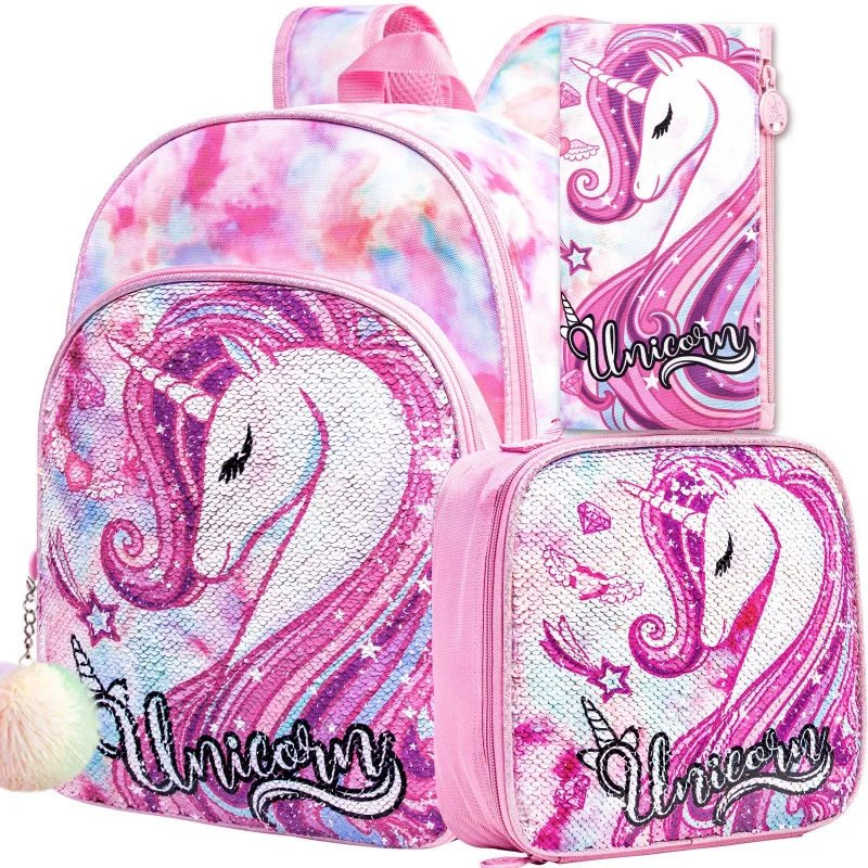 

3PCS Unicorn Backpack for Girls, 16" Sequin Kids Bookbag with Lunch Box, School Backpacks for Elementary Preschool Preschool