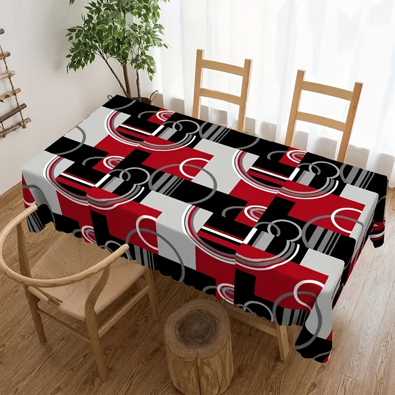 One round rectangular tablecloth with abstract geometric patterns, in a modern minimalist style.