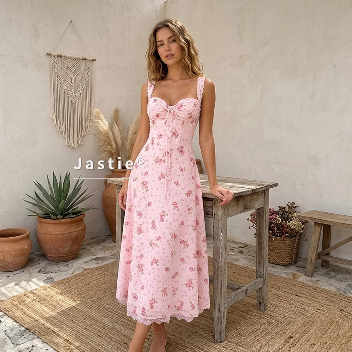 Französisches Vintage-Blumenkleid für Damen, Süßes Kawaii Coquette Ästhetisches Korsett mit Schnürung, Rückenfreies Rosa Sommerkleid, Cottagecore-Robe