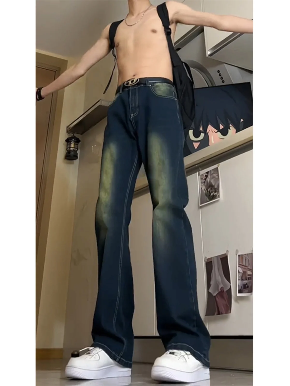 

Washed Blue Jeans Men's Summer High Waist Slim Straight Leg Bell Bottoms American High Street Vibe Youth Fashion Cotton Polye...