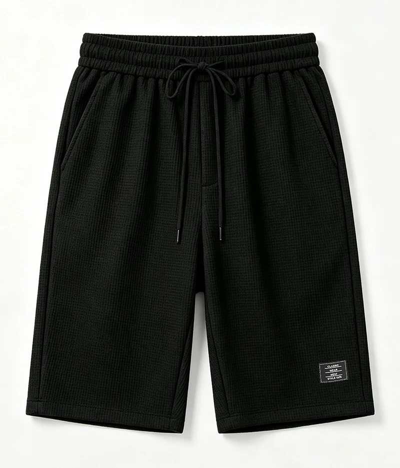 Herren Waffelstrick-Bermudashorts mit elastischem Kordelzug, lockerer Passform, Etikettendekor, für Outdoor, Reisen, Alltag, lässige knielange Shorts – Detail 8