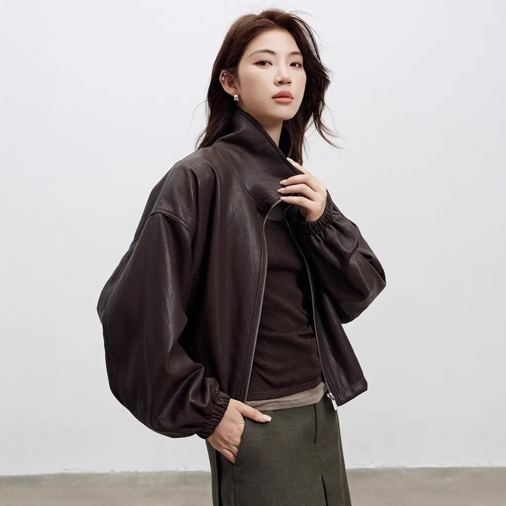 Chaqueta corta de cuero de estilo americano para chica moderna, Abrigo acolchado en miniatura con cuello levantado a la moda para mujer, recién llegado de otoño