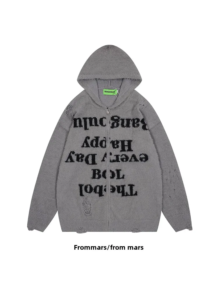 

Loose American Letter Embroidery Hooded Knitted Cardigan Casual Hole Design Sweater from Youthful Sle Long Sve Autu...