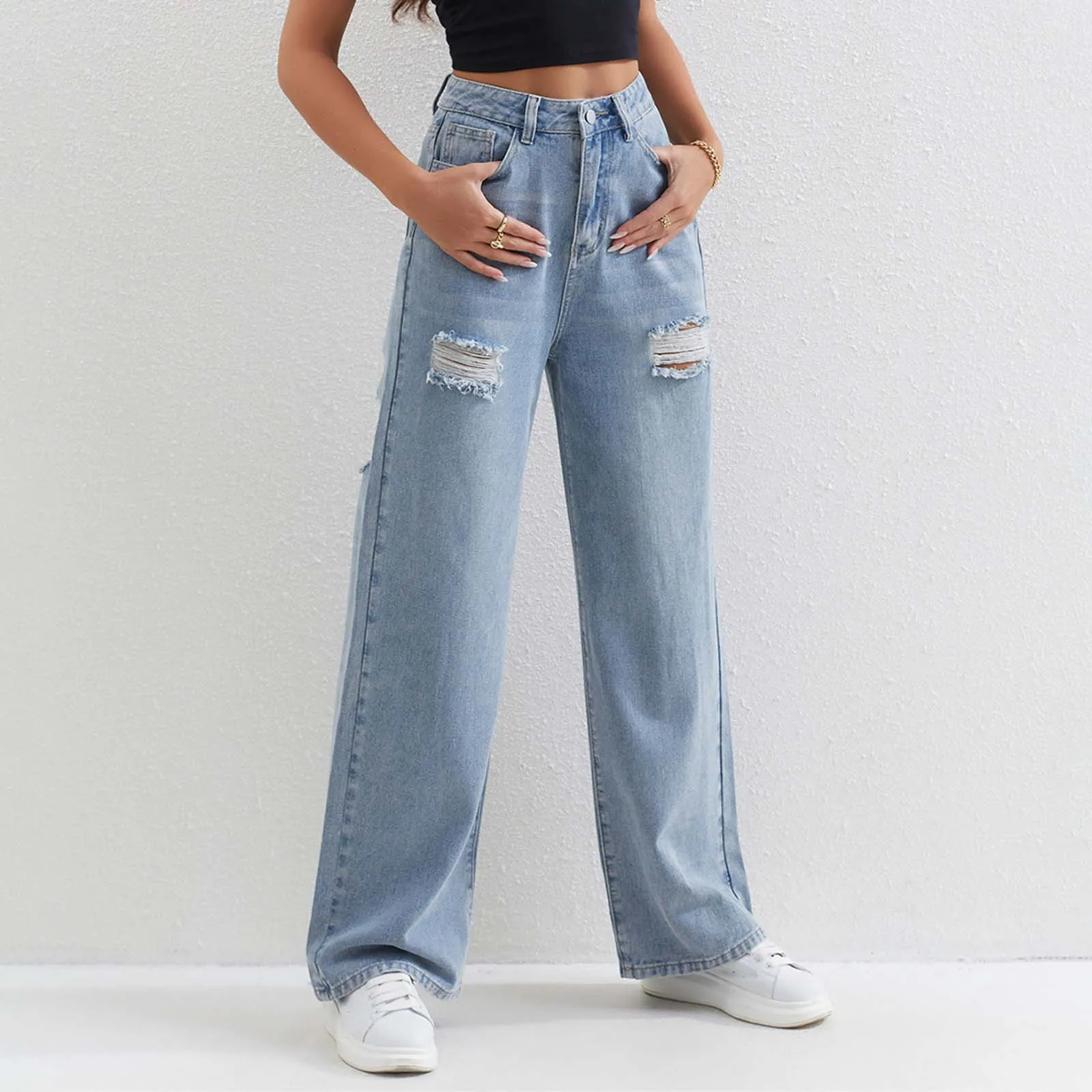 

2025 American Retro Hole Punched Jeans Women High Waist Straight Y2K Slim Design Wide Legged Dragging Pants Spring New Jeans