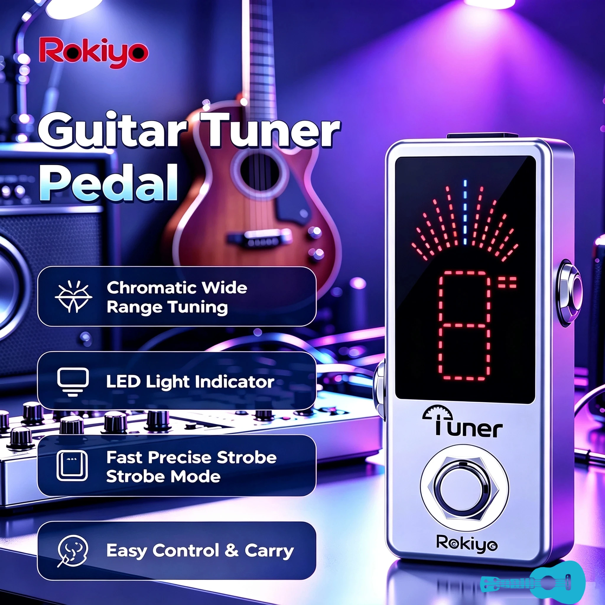 Rokiyo Chromatic Guitar Tuner Pedal High‑Precision Strobe Tuning Mode Compact Stompbox Effect Pedal for Electric Guitar Bass