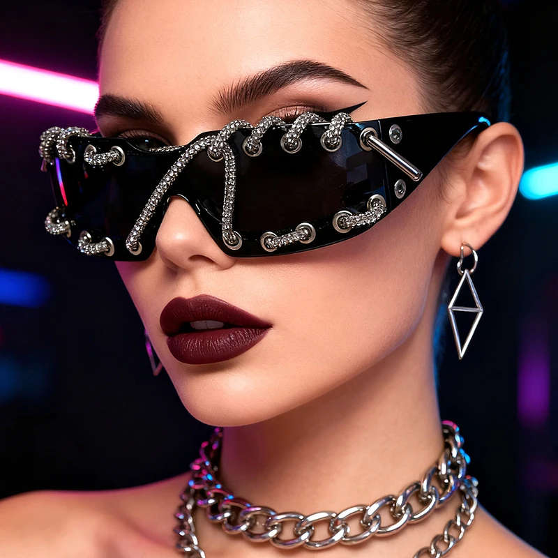 

New Trendy Punk Luxury Rhinestone Chain Sunglasses For Men And Women One-piece Frameless Original Design Streetwear Party Shades