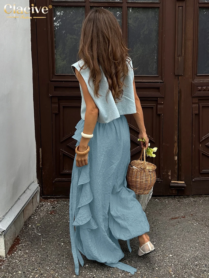 Clacive Fashion Loose Blue Women Pants 2025 Casual High Waist Wide Trousers Elegant Classic Solid Ruffles Pants Female Clothing