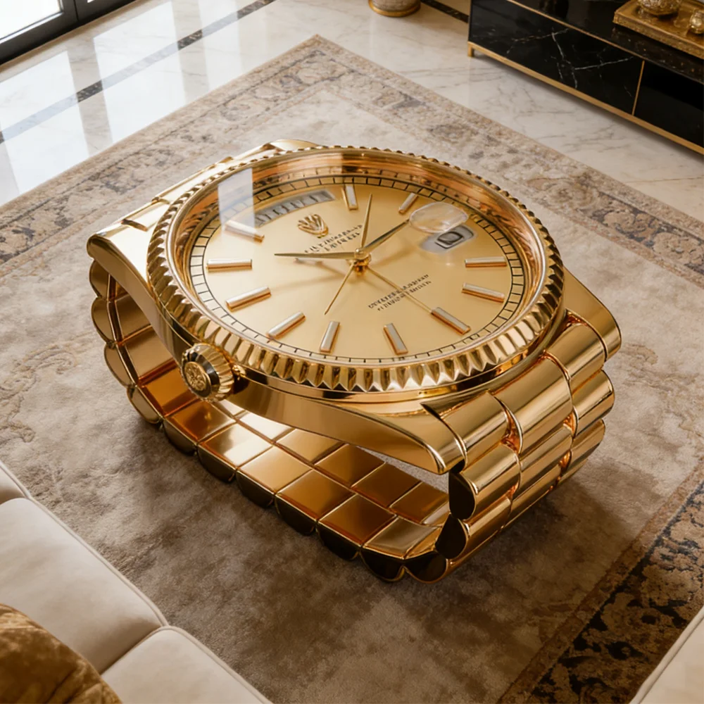 G*-Modern Gold Fiberglass Watch Coffee Table Luxury Shape Desk Art Deco Living Room Furniture