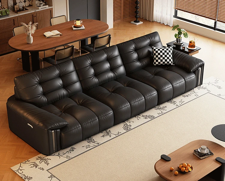 Black Leather Remote Control Sofa Bed Italian Luxury Modern Living Room Furniture Sofa Bed  Three Seater Electric Sofa for Home