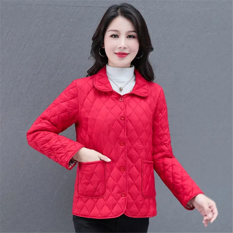 Autumn Winter Short Down Cotton Coat 2023 New Loose Turndown Collar Plaid Outerwear Pure Colour Single-Breasted Jacket Female