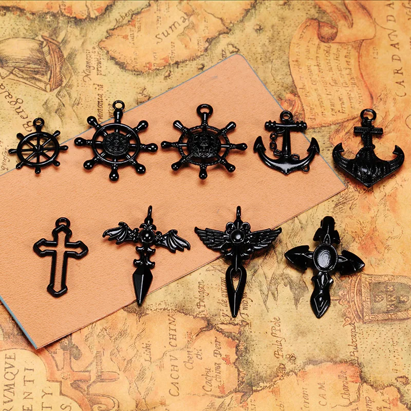 5Pcs/Lot Punk Sea Anchor Ship Rudder Black Series Pendant Earrings Necklace Bracelet Making Handmade DIY Jewelry Accessories