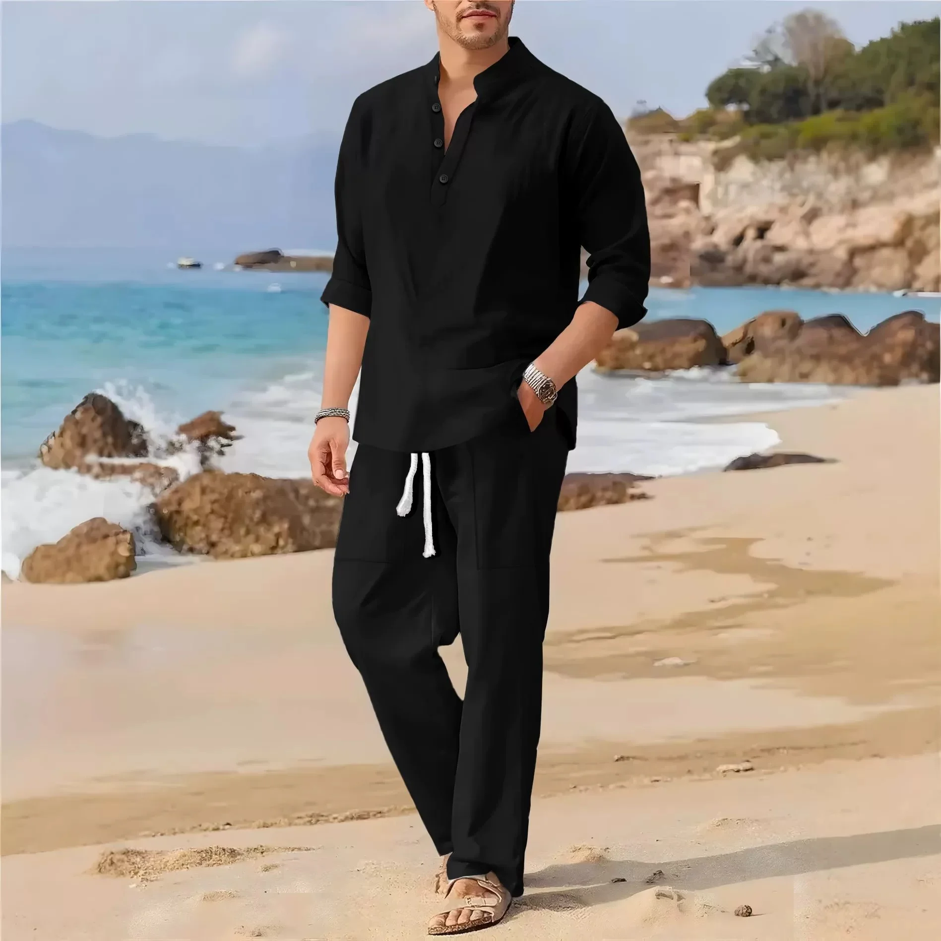 Spring、summer new men's casual long-sleeved and pants beach set, comfortable and fashionable long-sleeved set for vacation