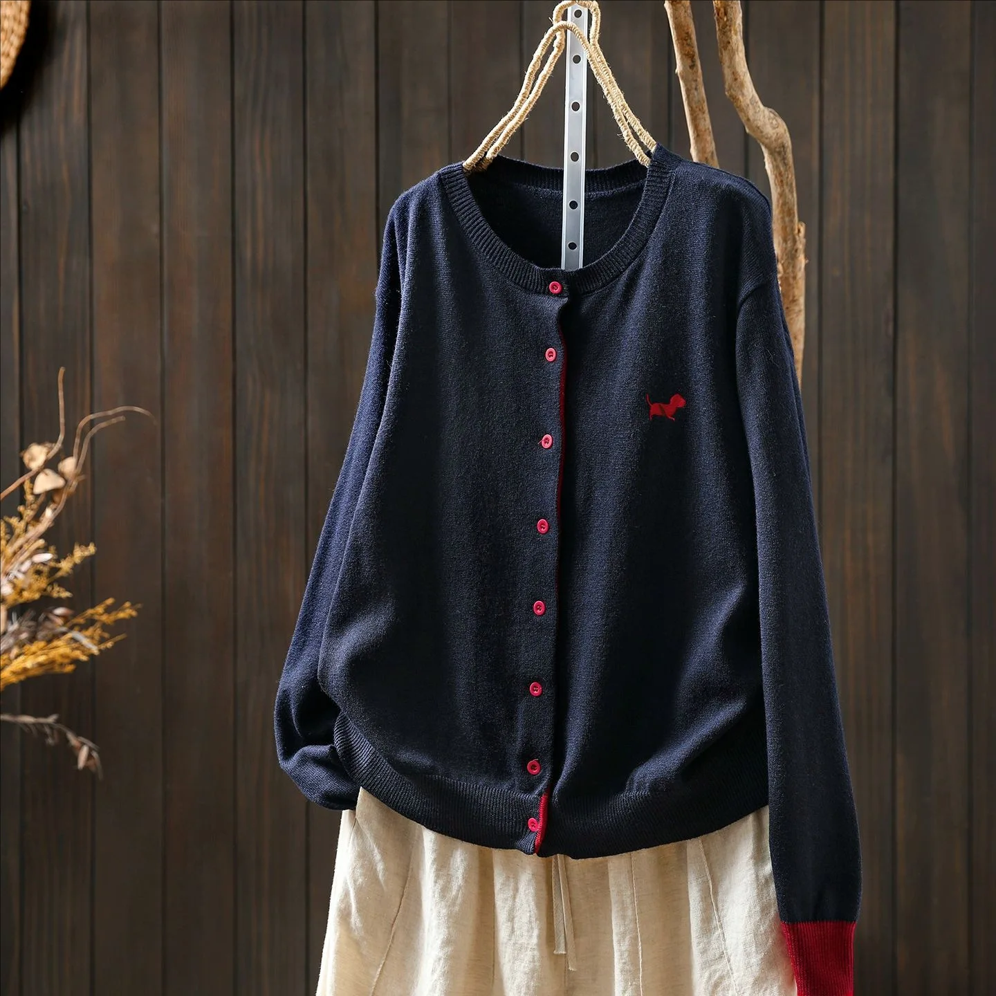 Women Autumn Japan Style Solid Color Puppy Embroidery Sweater Cardigan O-Neck Long Sleeve Casual Loose Knitted Coat Outwear