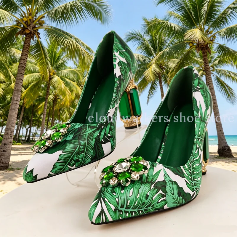 

Vintage Tropical Palm Leaf Print Pointed Toe Women's Pumps Luxury Emerald Crystal Gem Embellished Pumps Island Vacation Footwear