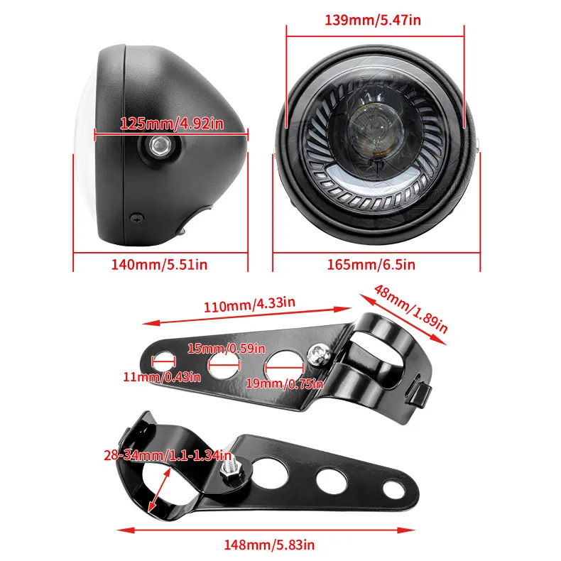 6.5-Inch Motorcycle Led Headlight Retro Round 12v 26w 6500k Led Headlamp With Bracket Kit Modified Parts