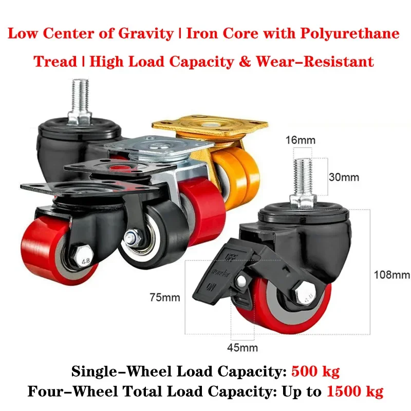1pc-3inch High Load-bearing Iron Core Polyurethane Pu Universal Wheel/screw M16 Wear-resistant Silent Double Bearing Wheel