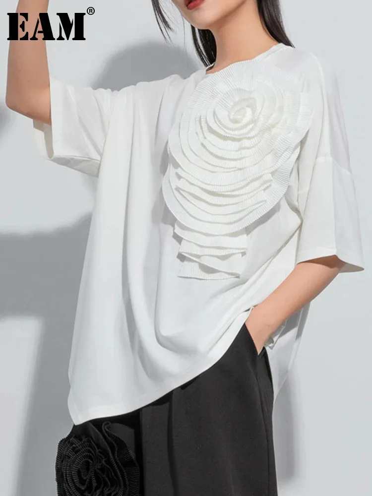 [EAM] Women White Three-dimensional Flower Big Size T-shirt New Round Neck Half Sleeve Fashion Tide Spring Summer 2024 1DH5063