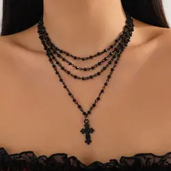 KunJoe Gothic Jesus Big Cross Pendant Necklace for Women Vintage Multilayer Black Bead Chain Necklace Y2K Accessories Jewelry