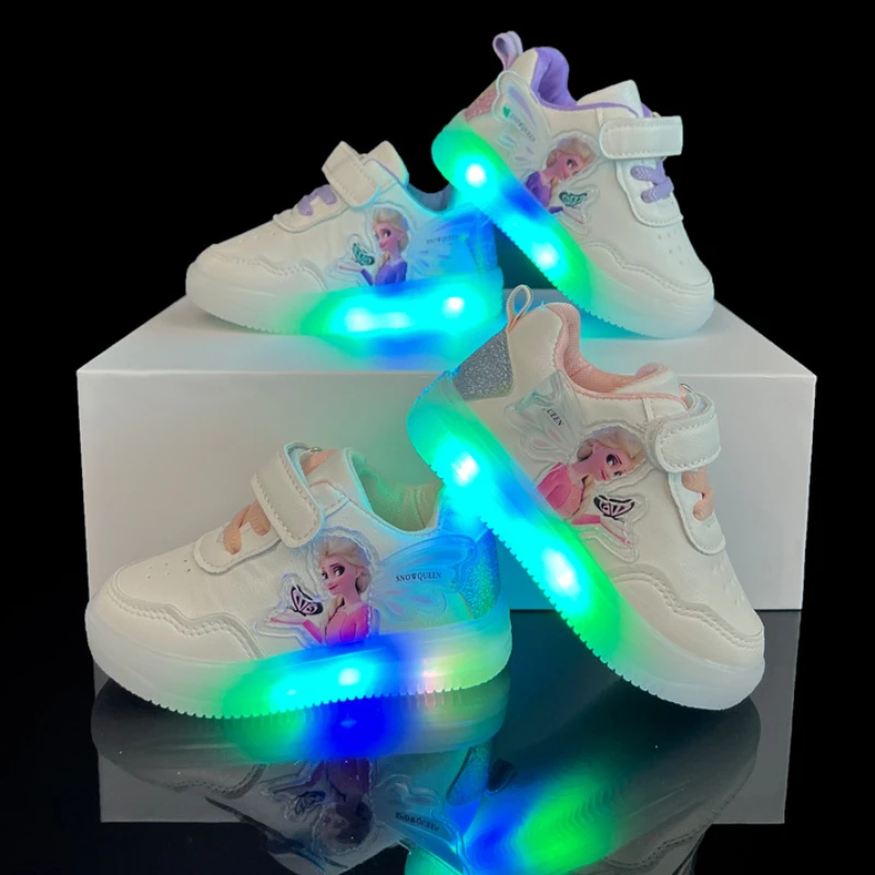 Disney Kids Girls Shoes 2024 Children Sneakers Girls Elsa Frozen Princess Casual Sport Shoes Student Shoes LED Lights Shoes