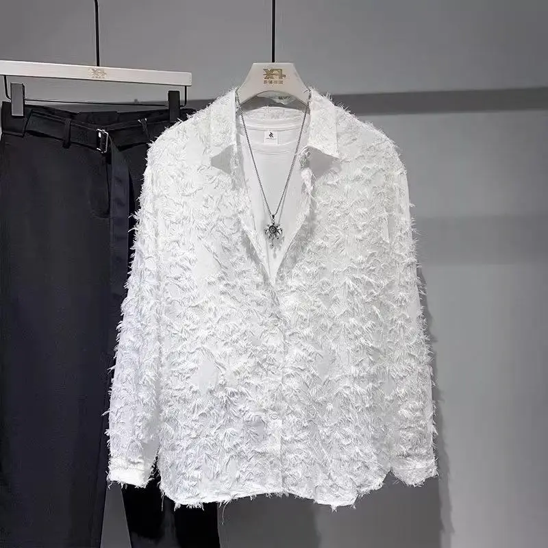

Fall 3d Feather Men Long Sleeve Shirts Korean Fashion Highstreet Personality All-match Loose Blouse Couple Clothing Black White
