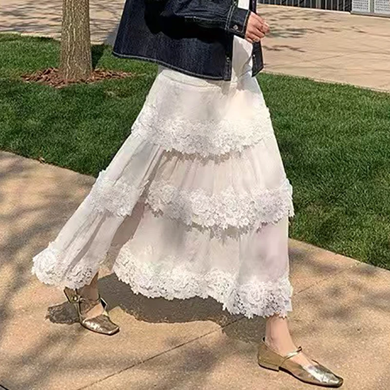 Media falda de ramio con cintura elástica para mujer, media falda de retazos de encaje soluble en agua, falda larga de alta calidad, verano, nuevo, 2025