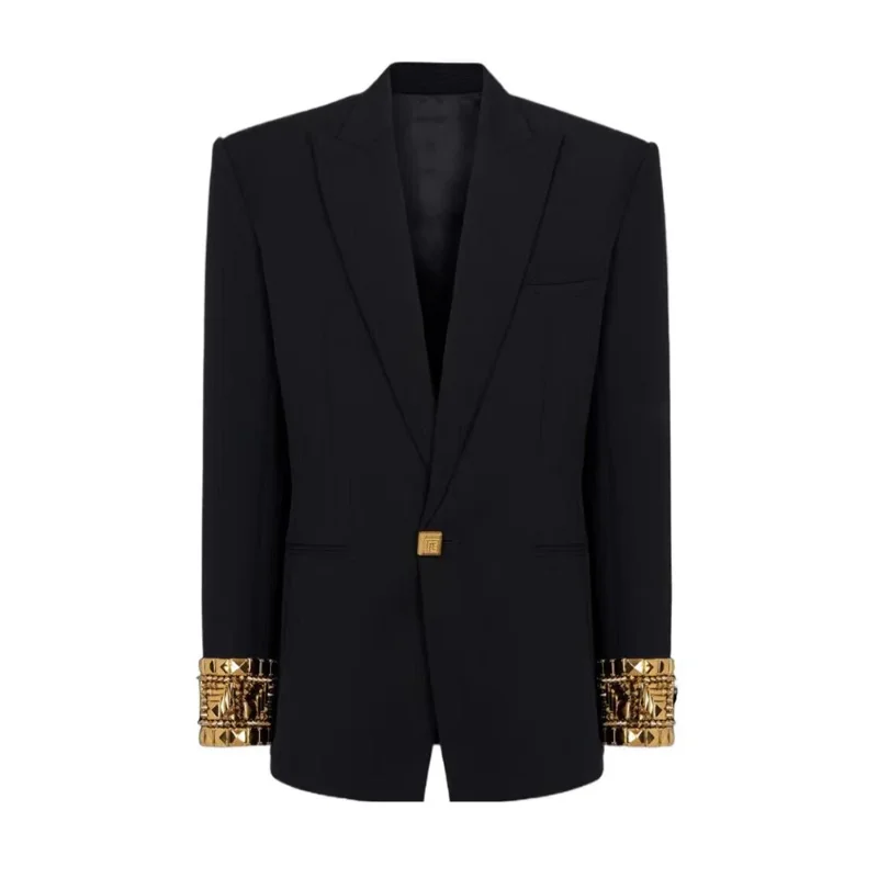 

Female Blazer Jacket with Beading Gold Cufflinks Fashion One Button Mid Length Classic Fit Business Suit Formal Wear Blazers