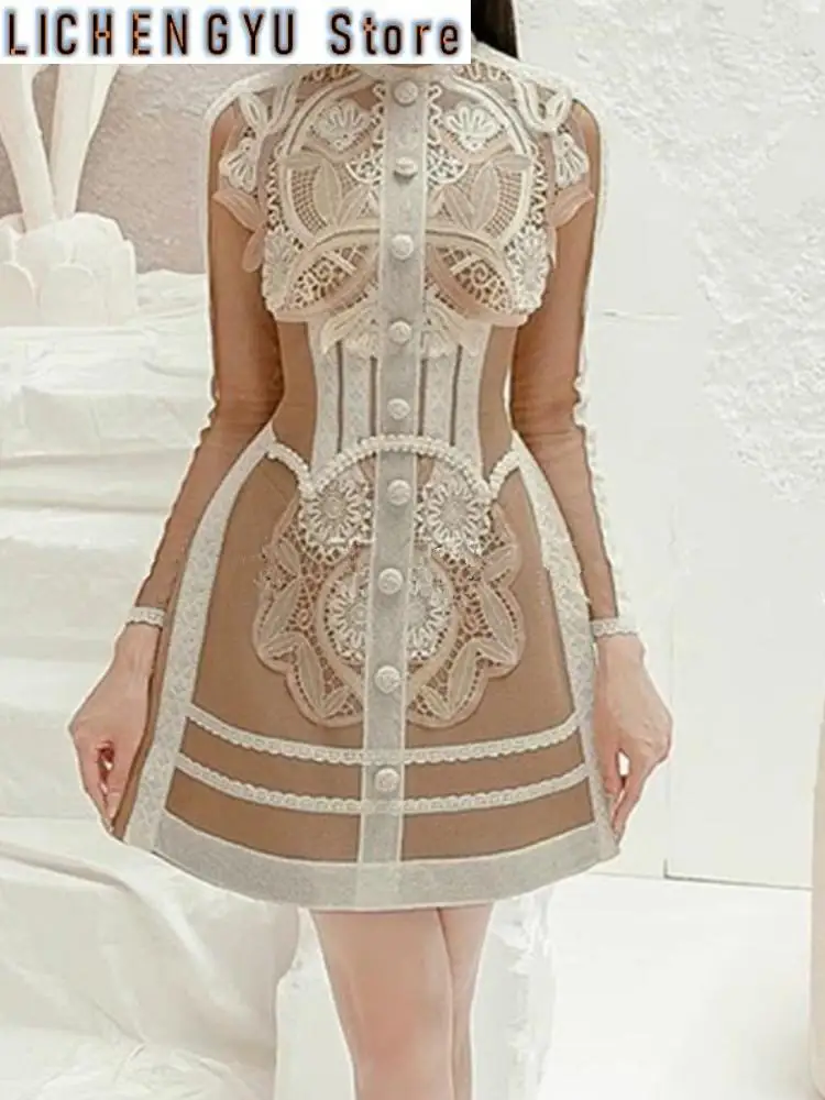 

New High Quality Luxury Design Vintage Lace Patchwork Runway Dress Women's Mesh Long Sleeve Elegant Dresses Female Clothing