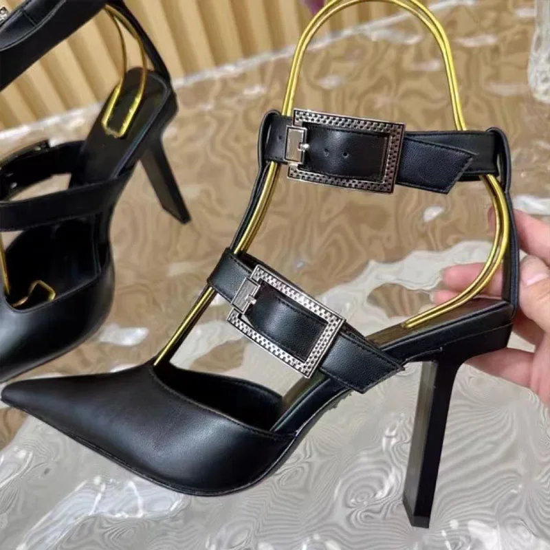 

Women Square High-Heeled Shoes Metal Buckles Belt Ankle Straps Dress Pumps Pointed Toe Sexy Patent Sandals