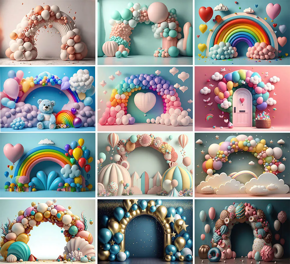 Fondo de arco de arcoíris 3D para fotografía, telón de fondo para fiesta de cumpleaños de niños, Baby Shower, juguete, oso, estrella, nube, accesorios de decoración de fondo