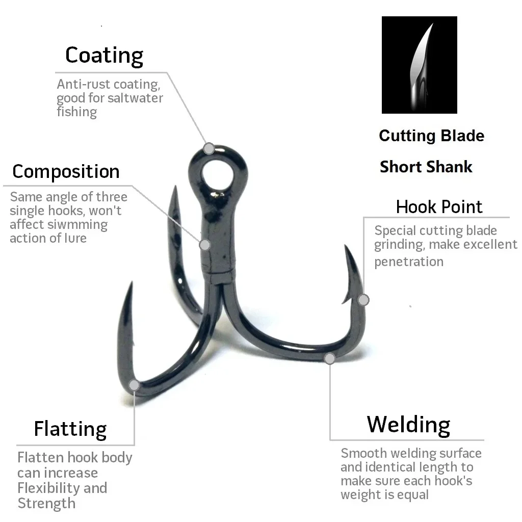 30 Hooks per Pack Black Nickle Short Shank Cutting Blade Forged High Quality Treble Fishing Hooks Fishing Tackle