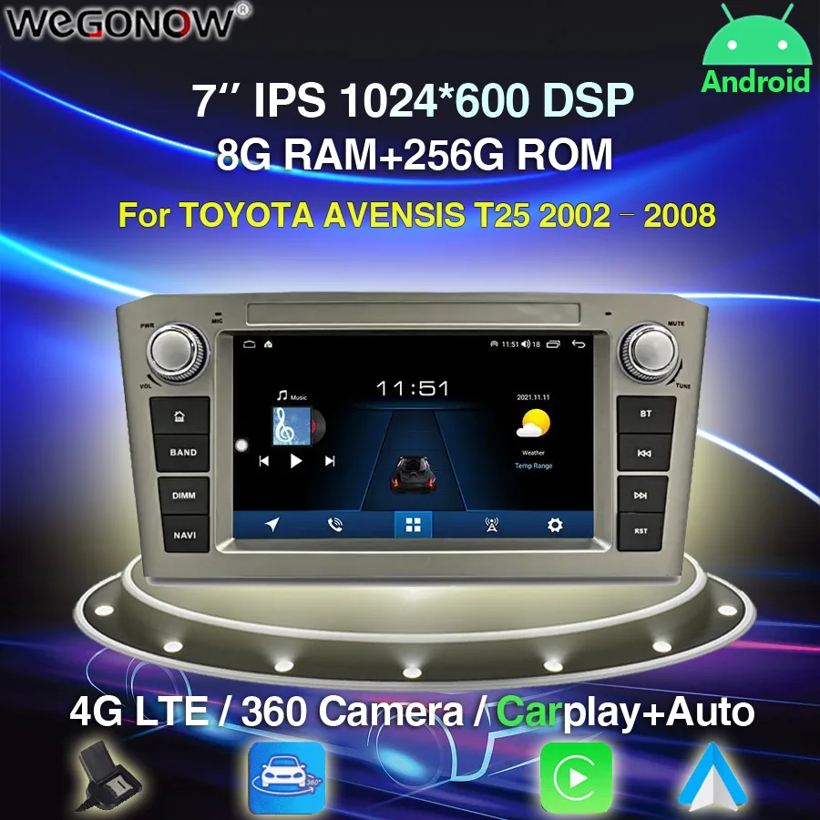 CarPlay IPS 7'' Android 12.0 Car DVD Player 8GB 256G Radio car radio GPS WiFi for TOYOTA AVENSIS T25 2002 -2005 2006 2007 2008