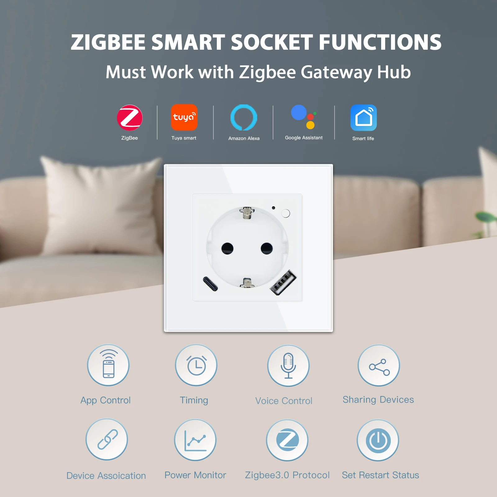 BSEED Zigbee Wall Sockets EU Standard USB Outlet Type-c 20W Fast Charging Smart Sockets Works Alexa Google Home Tuya App Glass