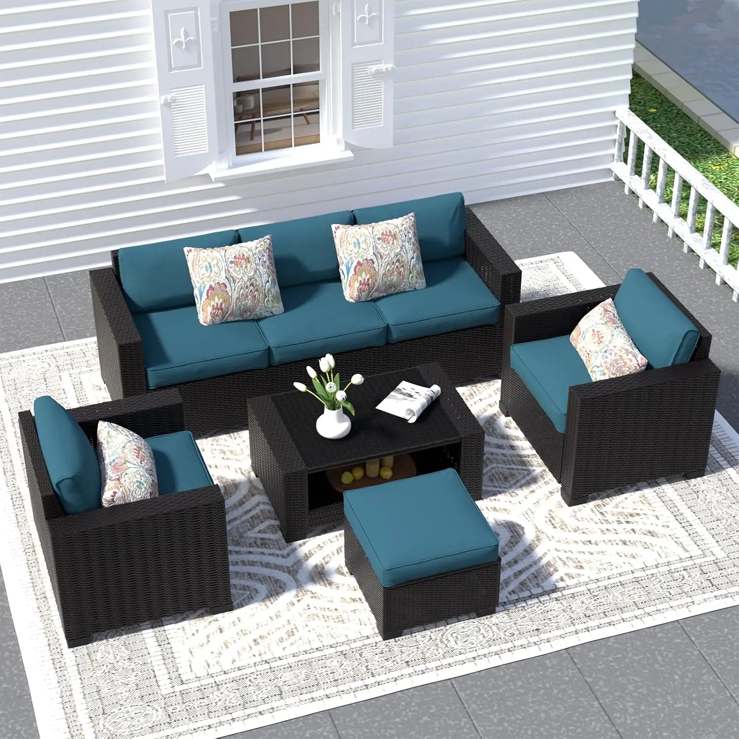 

7 Piece Patio Furniture Set, Wicker Outdoor Sectional Sofa With Washable Cushion Covers And Tempered Glass Table,, Customized