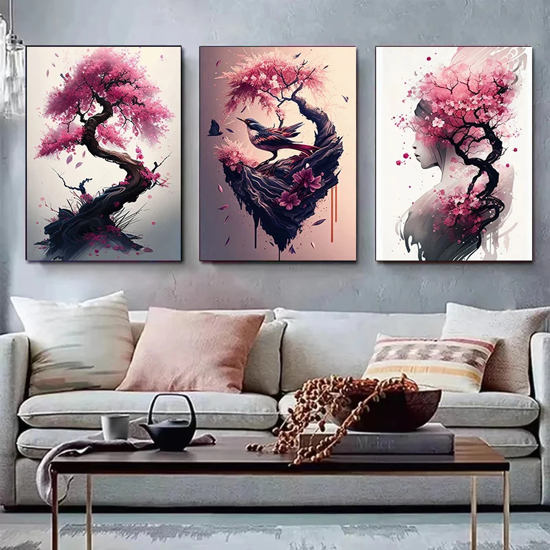 Japanese Sakura Wall Art Poster Print Canvas Painting Pink Watercolor Cherry Blossom Aesthetic Pictures for Living Room Decor