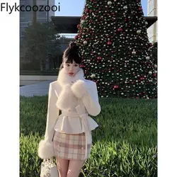 Fur Collar Temperament Waist Slimming Wool Coat Plaid Skirt Women Winter 2024 New Fashion Suit Conjuntos Feminino Elegante