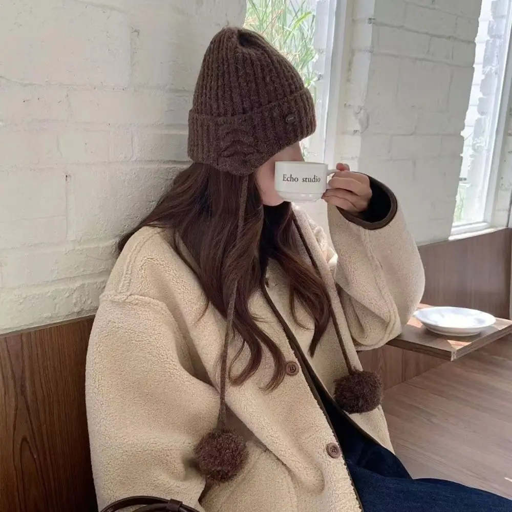 

Cute Winter Y2k Knitted Cap Thick Windproof Pom-pom Knit Cap Casual Soft Warm Beanie Hats Girls
