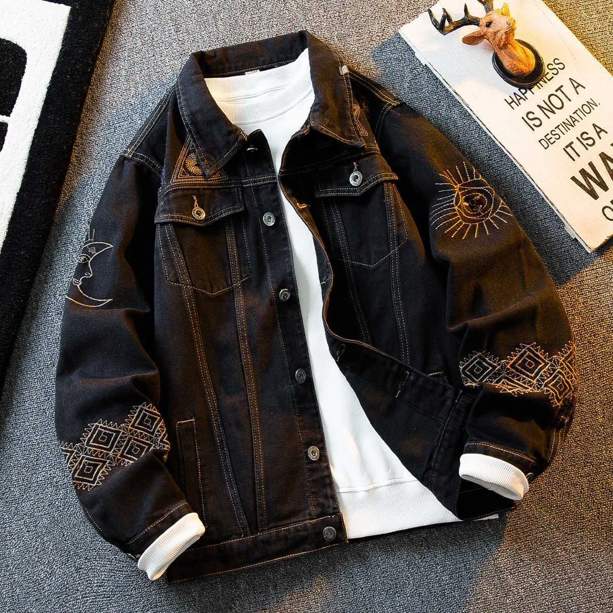 الخريف والربيع موضة جديدة الاتجاه المطبوعة الأمريكية خمر الدنيم سترة الرجال عادية فضفاض الرياضة عالية الجودة ملابس خارجية M-4XL