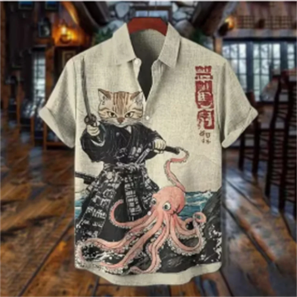 Men's Samurai Cat Print Hawaiian Beach Shirt, 3D Printed Hawaiian Shirt, Men's Fashion Short-Sleeve Top, New Arrival