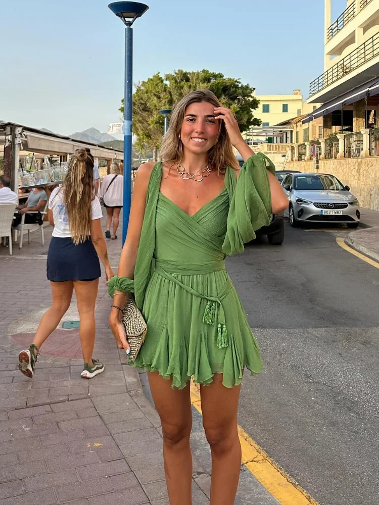 Unico spacco maniche lunghe scollo a V donna morbido mini abito sexy signora orlo pieghettato abiti corti verdi nuovi abiti da festa in spiaggia autunnali