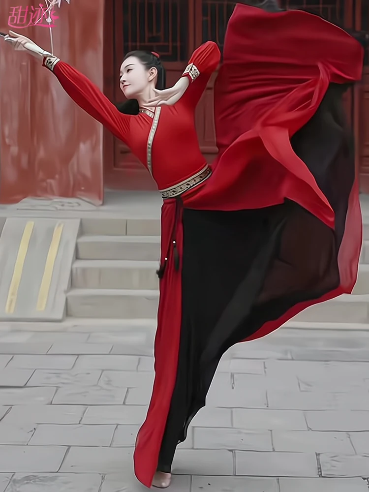 

Red Classical Performance Costume for Women Flower Mulan Sword Dance Adult Drumming Traditional Hanfu Stage Outfit Tewnjerll