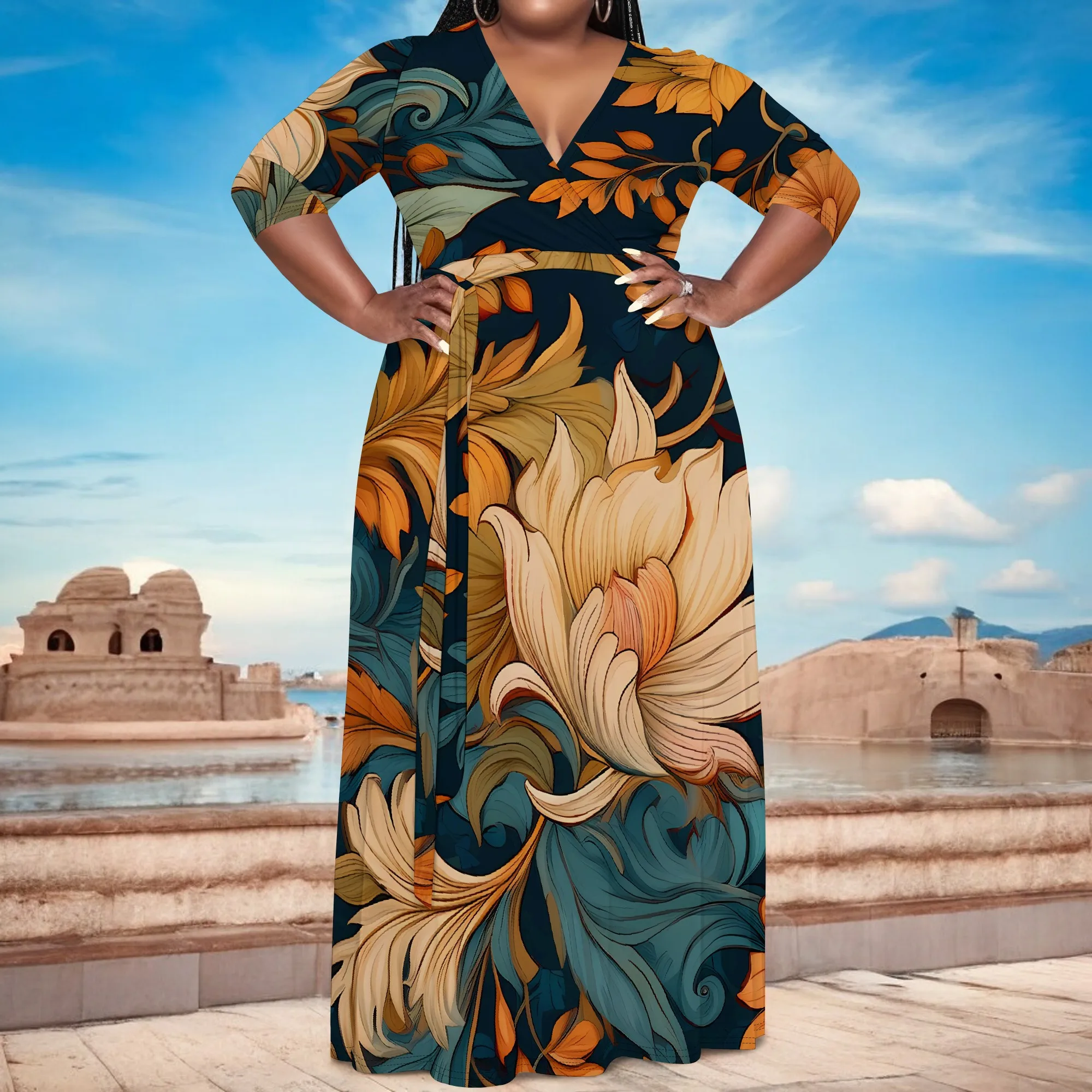 

Plus Size 3/4 Sleeve V Neck Maxi Dress Oversized Floral Print Vintage Belted Style for Brunch