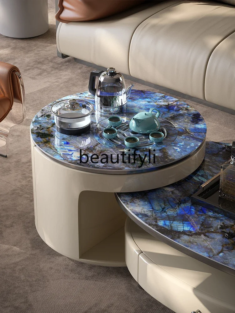 Luxury stone rock slab coffee table household small apartment mobile tea making integrated simple modern balcony tea cart