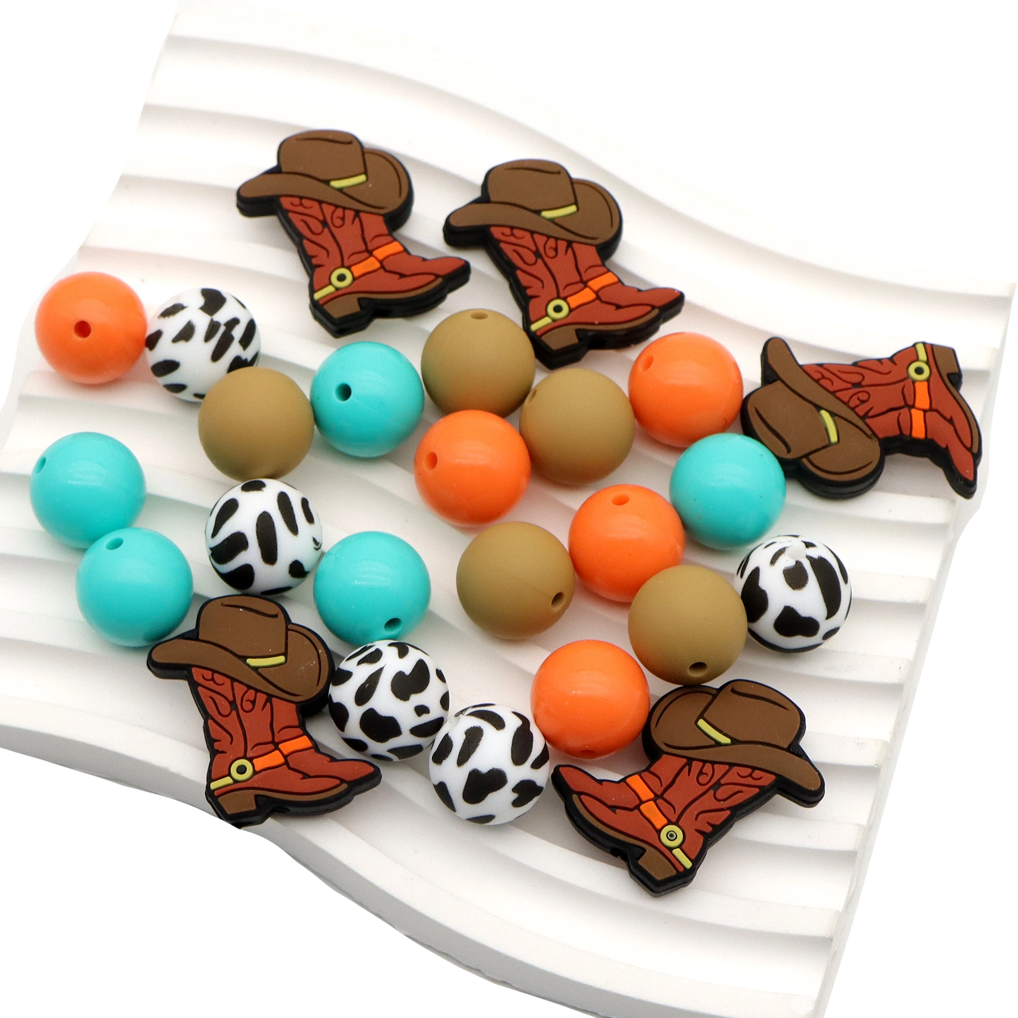 25 Pcs/Set Silicone Focal Beads Cow Pattern Loose Beads Lentil Round Set Keychain Bracelet Necklace Accessories DIY Jewelry