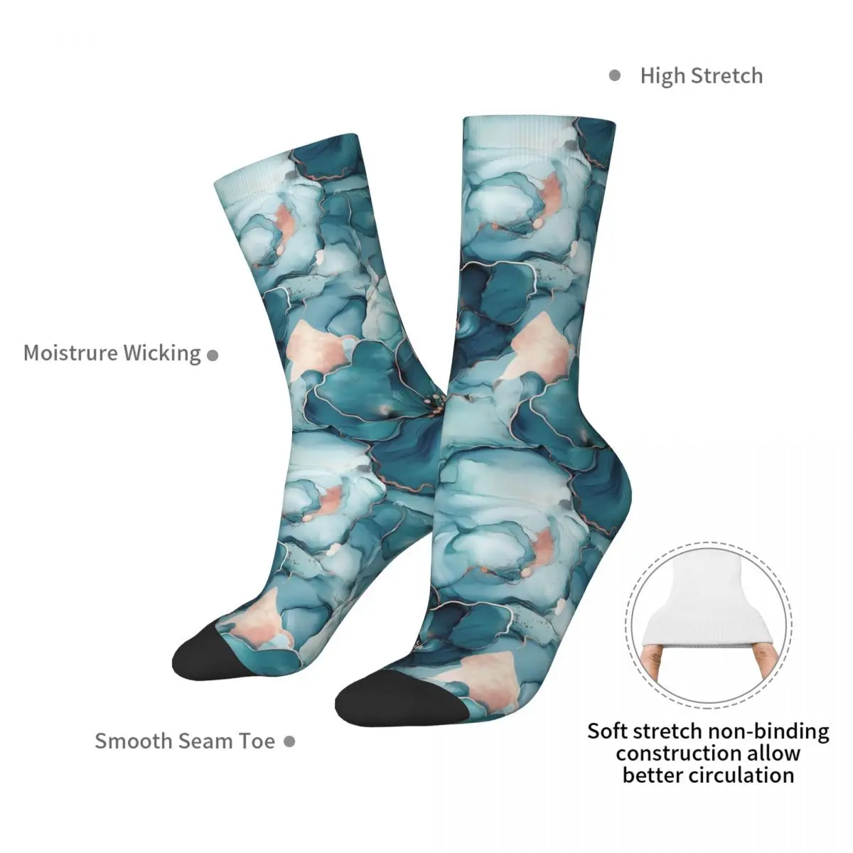 Teal Alcohol Ink Flowers Socks Harajuku Sweat Absorbing Stockings All Season Long Socks Accessories for Unisex Christmas Gifts