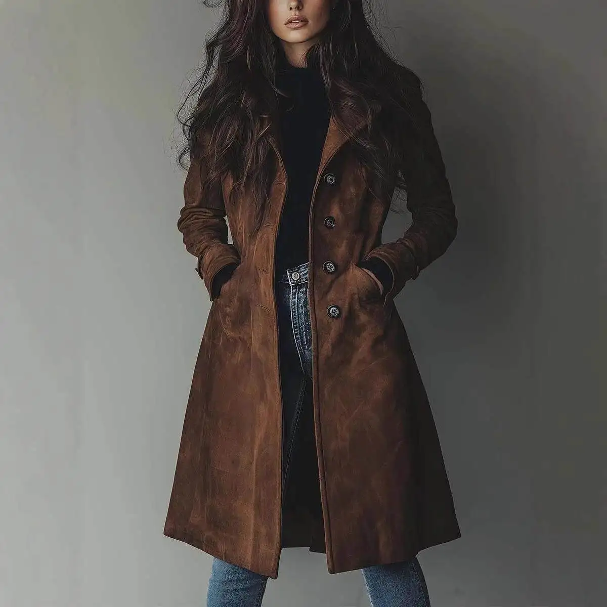 秋冬ロングスエードコート レディース ファッション ウェスタン スタイル ターンダウンカラー アウター エレガント シック PUレザーアウター