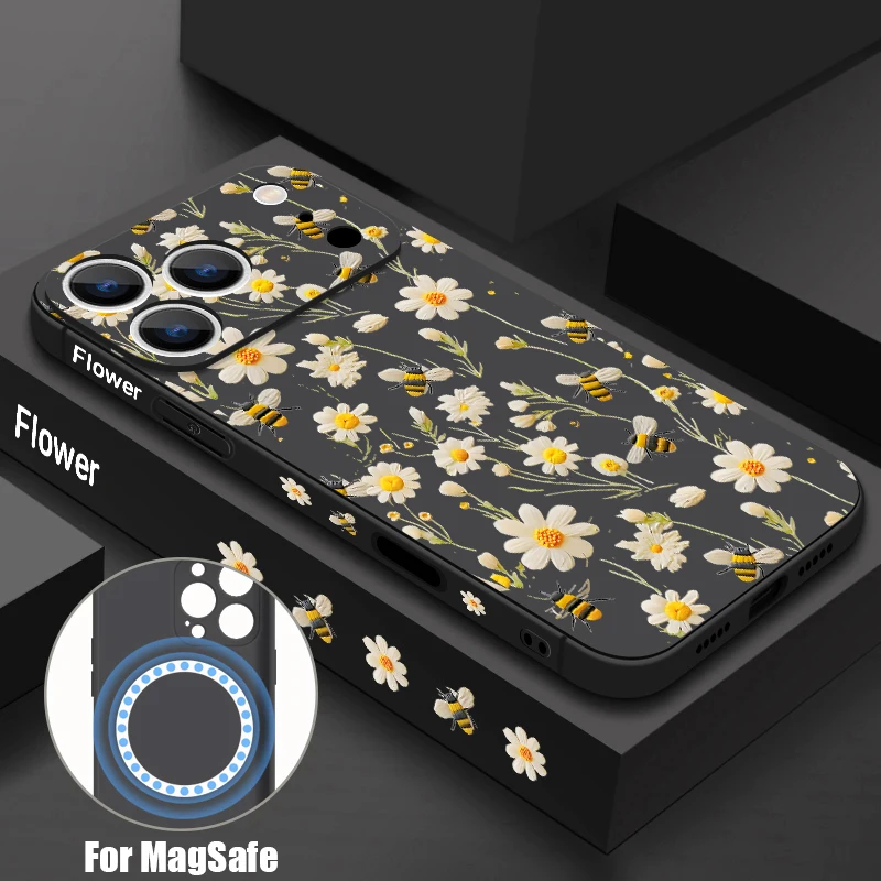 Honeybee Flowers Pattern Handyhülle für iPhone 16E 17 Pro Max Air 16 15 14 13 12 Pro Max 11 magnetisch für Magsafe Soft TPU Cover